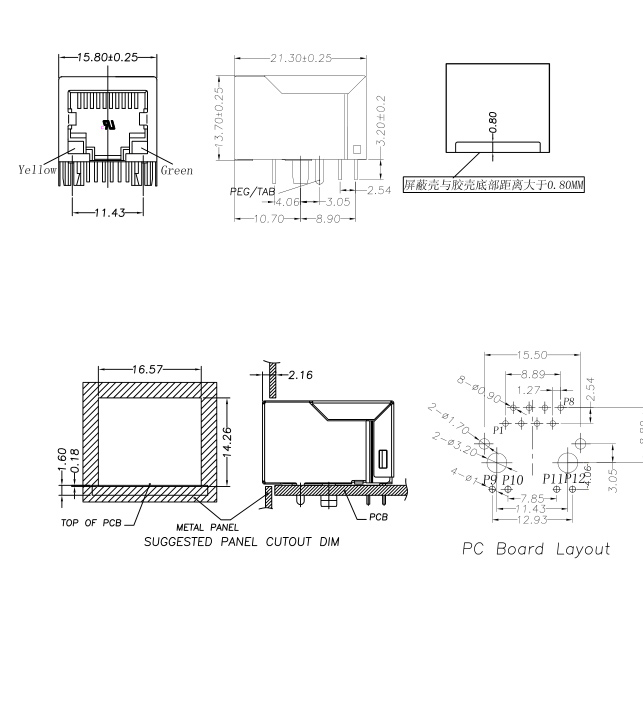 RJ45 8P8C LED 1X1 B3.05底座